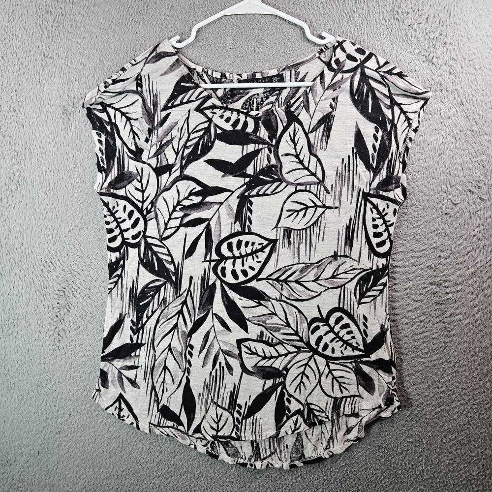 Tahari Linen Shirt Top Women XL Leaf Print White Black